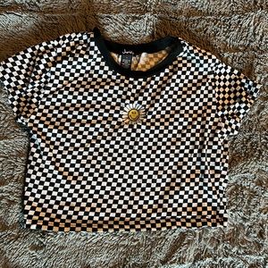Justify retro crop top. Size large. Checked print with white and yellow flower.